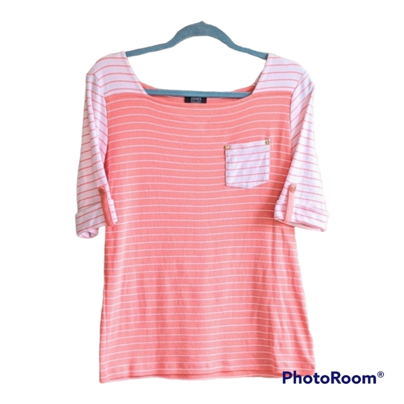 Jones NY Square Neck Coral Stripe Top - Picture 1 of 4